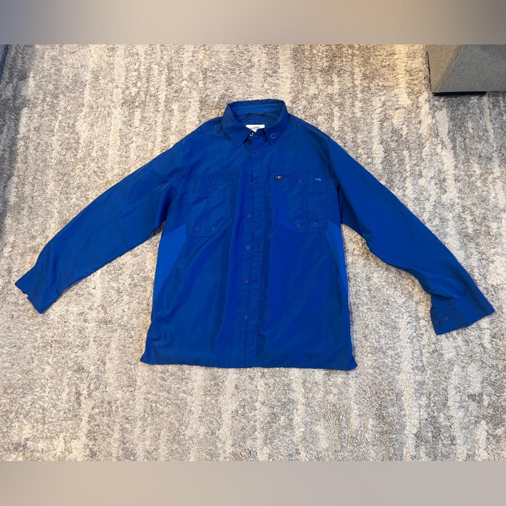Reel Life Fishing Shirt Mens L Blue Vented Long Roll Tab Sleeve Pockets